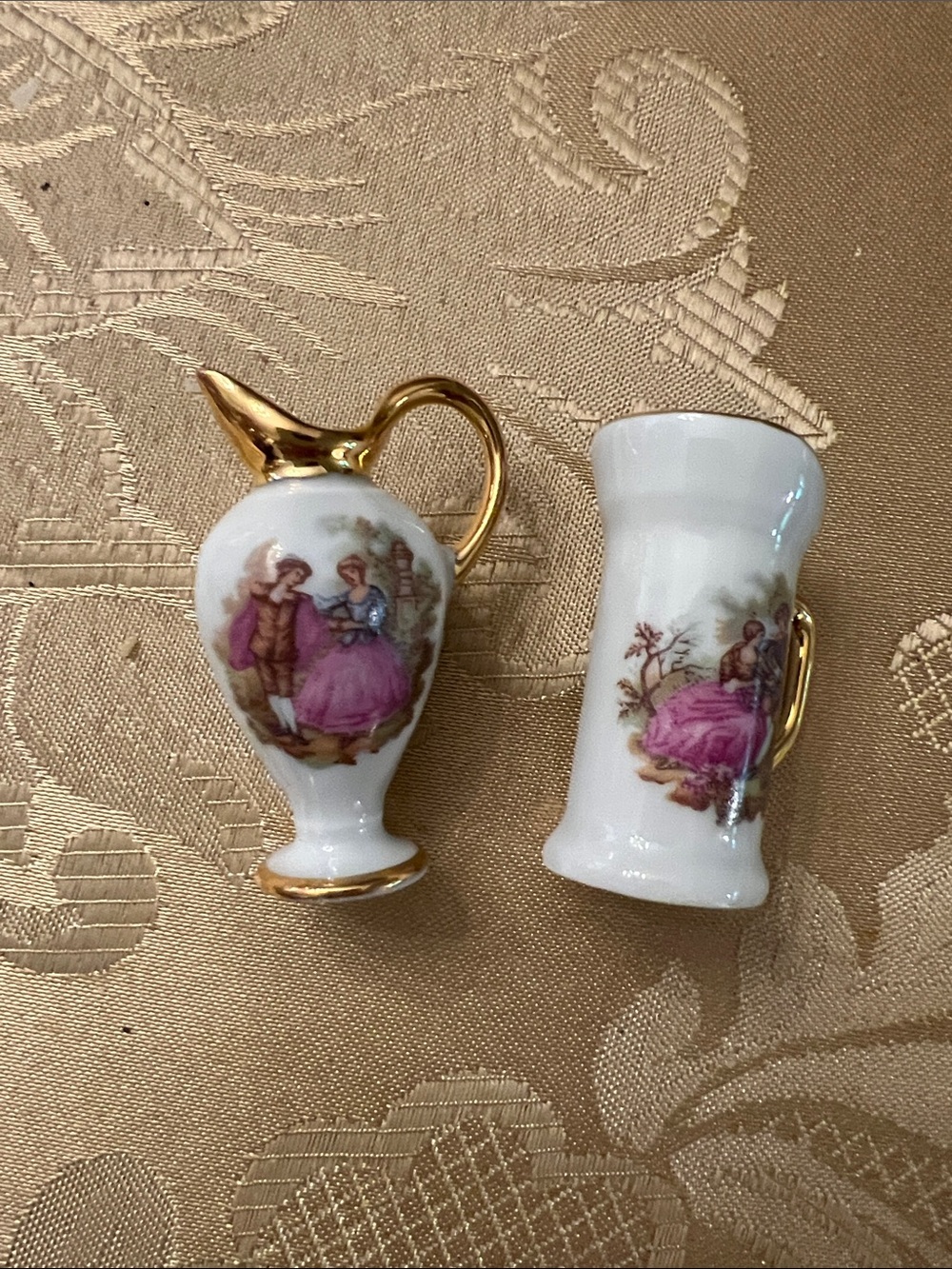 Limoges White Porcelain Mini Pitcher and Vase with Gold Trim and Pink Accents